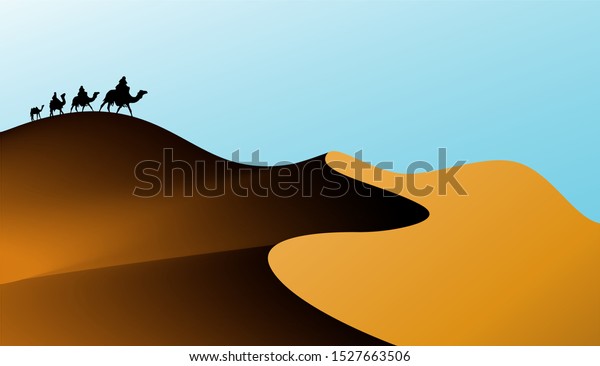 サハラ砂漠 アニメーションの風景 ラクダと砂漠の波の隊列 アフリカの砂漠には バナー砂丘がある 屋外の背景にベクターイラスト のベクター画像素材 ロイヤリティフリー