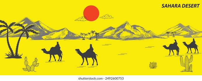 Desierto del Sahara hermosa Ilustración vectorial. Hermoso paisaje con camello y sol.