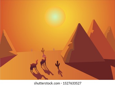 Sahara desert, Cairo, Egypt illustration of a hot landscape. Camels and pyramids traveling under sunlight and dry weather. Great historical architecture and sunset