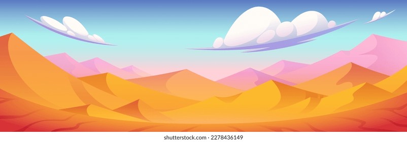 Sahara desert dune vector landscape background. Cartoon egyptian sky and yellow sand hill illustration. Dubai summer day wilderness scene. African sunny drought environment for adventure game design.