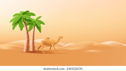 Sahara desert landscape background with palm trees oasis and camel, hot sun and piece of nature