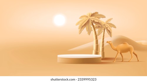 Sahara desert landscape background with pempty product podium and palm trees and camel, hot sun