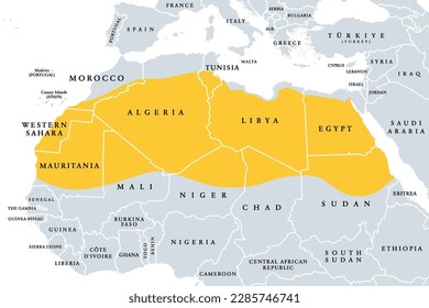 The Sahara, desert on African continent, political map. Largest hot desert in the world,  making up most of North Africa, located between the fertile regions on Mediterranean Sea coast, and the Sahel.