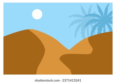 Sahara desert panorama day time with blue sky background, vector landscape background, illustration.