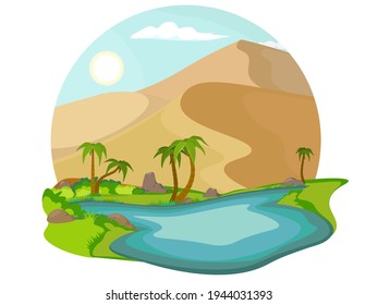 Sahara Desert. Sandy landscape with blue lake and palm tree. Oasis in the desert.