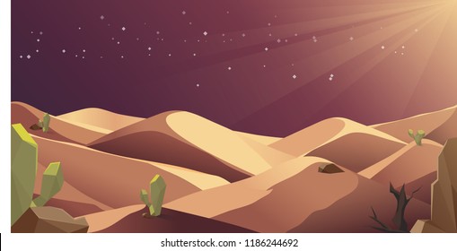 Sahara Egypt night desert with sand hill and cactus 