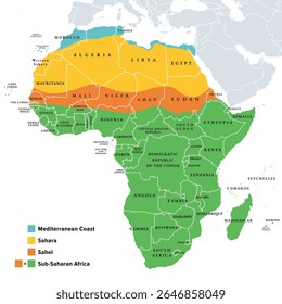 Sahara, Sahel, and Sub-Saharan Africa, colored political map. Sahara, largest hot desert in the world, and most of North Africa. South of it the Sahelian acacia savanna, part of Sub-Saharan Africa.