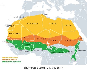 Sahara, Sahel und Sudanesische Savanne, politische Karte. Die Sahara ist die größte heiße Wüste der Welt, die Sahelzone mit heißem semiaridem Klima und ein breiter Gürtel mit tropischer sudanesischer Savanne auf dem afrikanischen Kontinent.