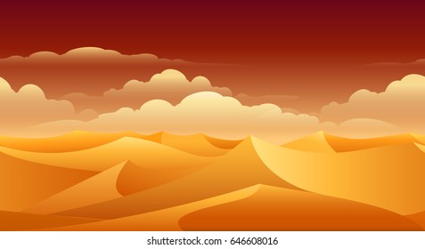 Sahara sand dunes panorama. Desert safari orange empty enviroment vector background