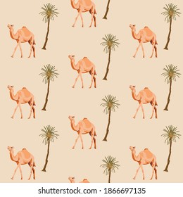 Sahara scene illustration pattern.
Desert animal and vegetation texture.
Camel and palm tree on a sand background pattern.
Vector camel and palm tree.