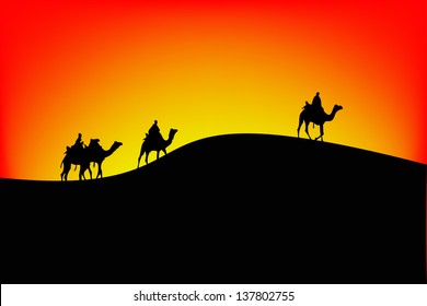 Sahara scenic with camel silhouettes.vector
