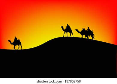 Sahara scenic with camel silhouettes.vector