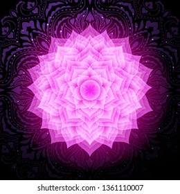 Sahasrara chakra colorful glowing symbol with mandala background. Spiritual meditation element vector illustration. Crown chakra.