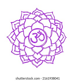 Sahasrara chakra. Pencil drawing. Hand drawn vector art. Om sign. Purple circle. Sacral icon. Meditation