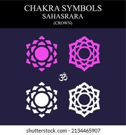 Sahasrara chakra symbols set on dark background, different styles, modern, simple geometric icons
