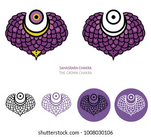 Sahasrara chakra. Vector set of different type of icons. This is the chakra of enlightenment and spiritual connection to our higher selves, others, and ultimately, to the divine. 