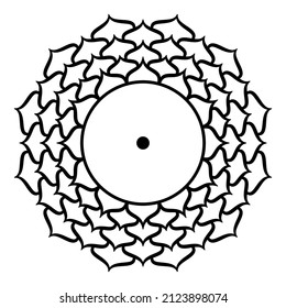 Sahasrara, Crown chakra, meaning thousand-petalled. Seventh chakra, located on the top of the head. Highest spiritual centre, and pure consciousness. Lotus with 1000 petals, and a bindu in the center.