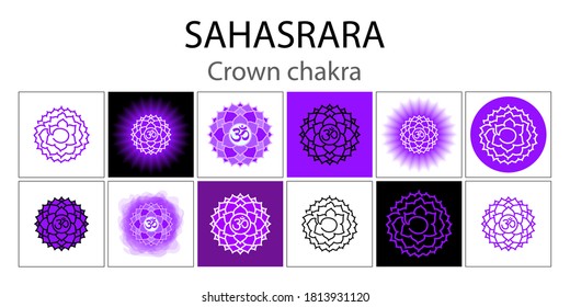 Sahasrara icon set. The seventh crown, parietal chakra. Vector purple gloss and shine. One line symbol. Outline sacral sign. Meditation