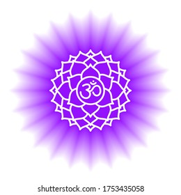 Sahasrara icon. The seventh crown, parietal chakra. Vector purple gloss and shine. Line symbol. Sacral sign. Meditation