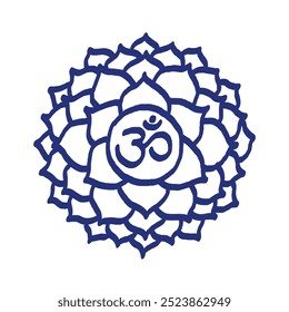 Sahasrara icon. The seventh crown, parietal chakra. Vector meditation sign. Hand drawn sketch. Blue pen or marker drawing. 