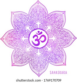 Sahasrara seventh chakra coloring vector illustration. Crown chakra symbol. Purple Color. For logo yoga healing meditation. Beautiful outline mandala. Ethnic, Indian style.