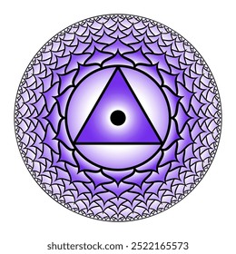 Sahasrara, chakra de coroa de mil pétalas. Sétimo chakra, localizado no topo da cabeça. Centro espiritual mais elevado e consciência pura. Lótus violeta com 1000 pétalas e um bindu no centro.