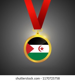 Sahrawi Arab Democratic Republic Flag in gold Medal, Golden Badge, Sport Game Golden Challenge Award. Vector Illustration.