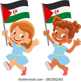 Sahrawi Arab Democratic Republic flag in hand. Children holding flag. National flag of Sahrawi Arab Democratic Republic vector