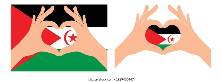 Sahrawi Arab Democratic Republic flag. Two hands in the form of a heart with flag of Sahrawi Arab Democratic Republic