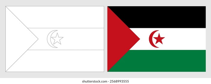 Sahrawi Arab Democratic Republic flag - coloring page. Set of white wireframe thin black outline flag and original colored flag.