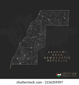Sahrawi Arab Democratic Republic map abstract geometric mesh polygonal light concept with black and white glowing contour lines countries and dots on dark background. Vector illustration.