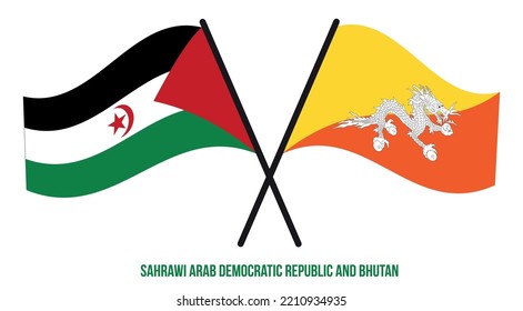 Sahrawi and Bhutan Flags Crossed And Waving Flat Style. Official Proportion. Correct Colors.