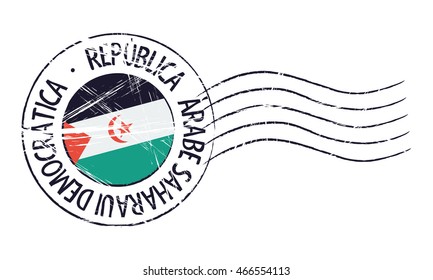 Sahrawi grunge postal stamp and flag on white background