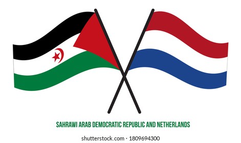 Sahrawi and Netherlands Flags Crossed And Waving Flat Style. Official Proportion. Correct Colors.