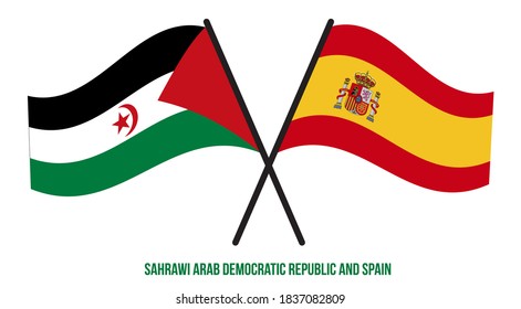 Sahrawi and Spain Flags Crossed And Waving Flat Style. Official Proportion. Correct Colors.