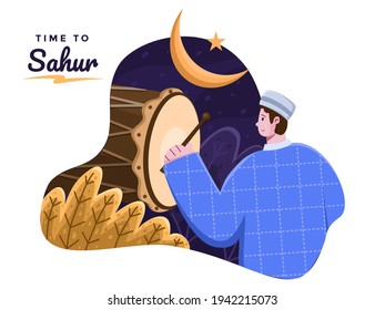 Sahur or Iftar time illustration with person hitting bedug. Time to suhoor. Ramadan Kareem and Eid Mubarak tradition. Subuh or pre dawn time. Muslim person Calling other people to pray to mosque.