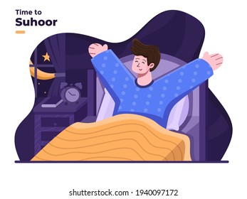 Sahur Time. Time to suhoor. People wake up from sleep to do Suhoor or sahur time at early morning and at Ramadan Illustration. Muslim peple getting up at early morning to suhoor or sahur.