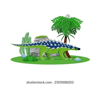 Saichania cartoon prehistoric dinosaur character. Isolated vector ancient herbivore reptile animal with spiked back in natural landscape with rock, palm tree and ferns. Late cretaceous era lizard