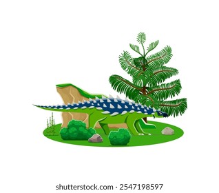 Saichania prehistoric dinosaur character. Isolated cartoon vector ancient herbivore reptile animal with spiked back in natural landscape with rock, tree and green plants. Late cretaceous era lizard