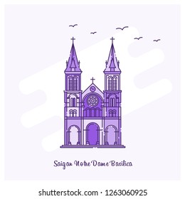 SAIGAN NOTRE DAME BASILICA Landmark Purple Dotted Line skyline vector illustration