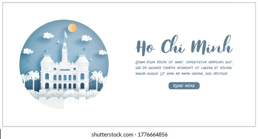 The Saigon City Hall, Ho Chi Minh city. Vietnam's world famous landmark with white frame and label. Travel postcard and poster, brochure, advertising Vector illustration.