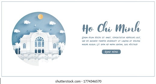 Saigon Opera House, Ho Chi Minh city. Vietnam's world famous landmark with white frame and label. Travel postcard and poster, brochure, advertising Vector illustration.