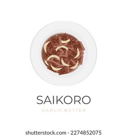 Saikoro Garlic Butter Beef Vector Illustration Logo Served On A White Plate
