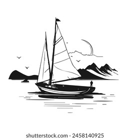 Sail against the background of mountains. Silhouette of a lonely man sailing on a boat. Black and white hand drawn illustration.