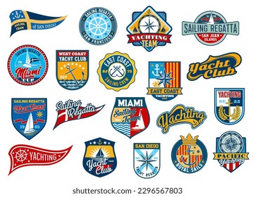 Sail badge patches, yachting sport or regatta vintage retro embroidery, yacht club vector labels. Marine nautical sailor team patches for regatta cruise, ship anchor, compass and royal crown emblems