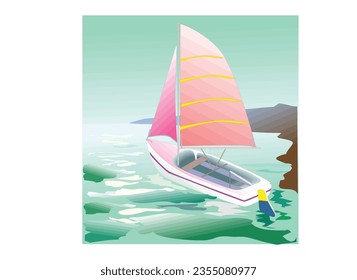 Sail board background, Sailboat icon, logo vector. Sailing Boat Illustration. Luxury Yacht with Cabin and Sails as Water Transport Vector Illustration.

