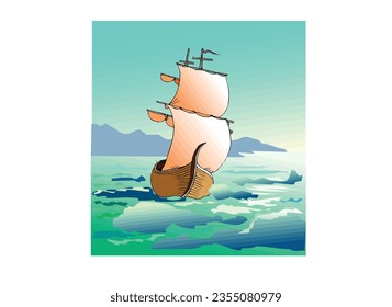 Sail board background, Sailboat icon, logo vector. Sailing Boat Illustration. Luxury Yacht with Cabin and Sails as Water Transport Vector Illustration.
