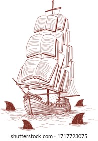 sail boat book shark sea vector illustration