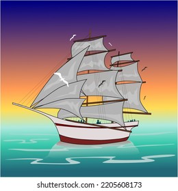 Sail boat in the calm blue sea with a sunrise and flying seagulls