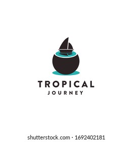 Sail boat and coconut logo, tropical journey logo icon concept on white backgroud